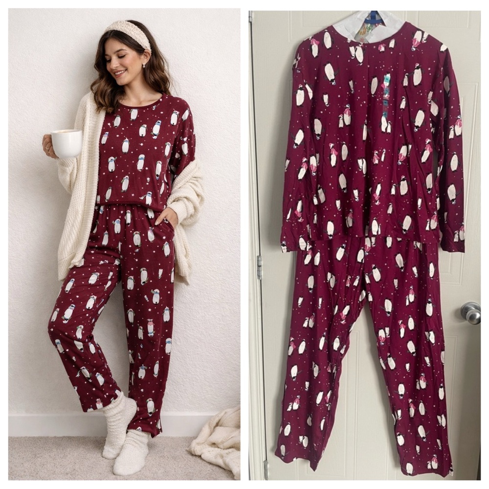 Penguin Pajama Set Cotton Size M Christmas Cozy Holiday Lounge Cute PJs